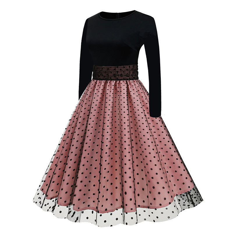 1950S Black and Beige Retro Polka Dot Long Sleeve Belted Vintage Dress