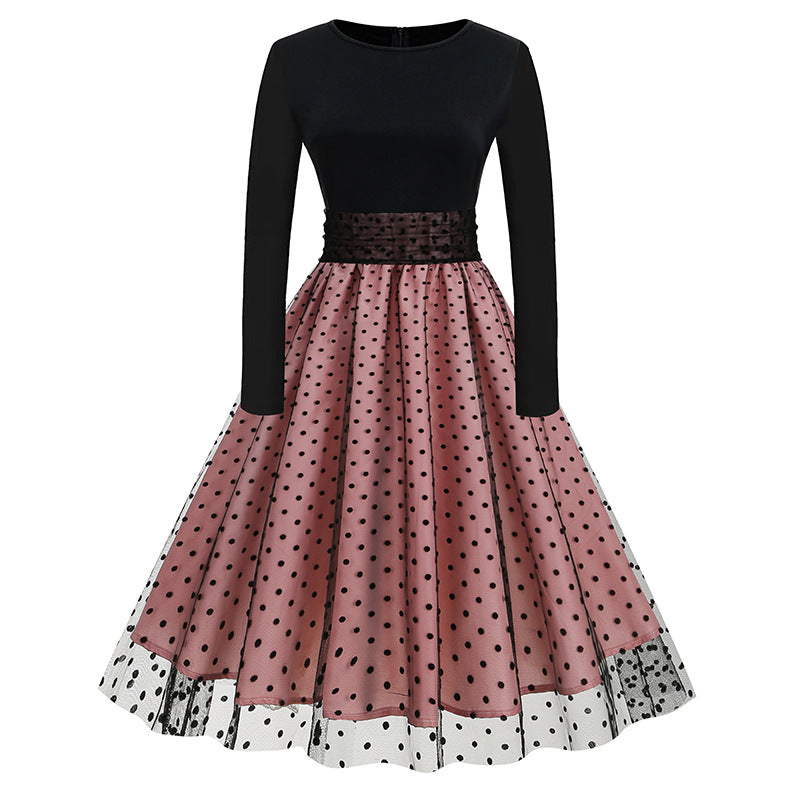 1950S Black and Beige Retro Polka Dot Long Sleeve Belted Vintage Dress