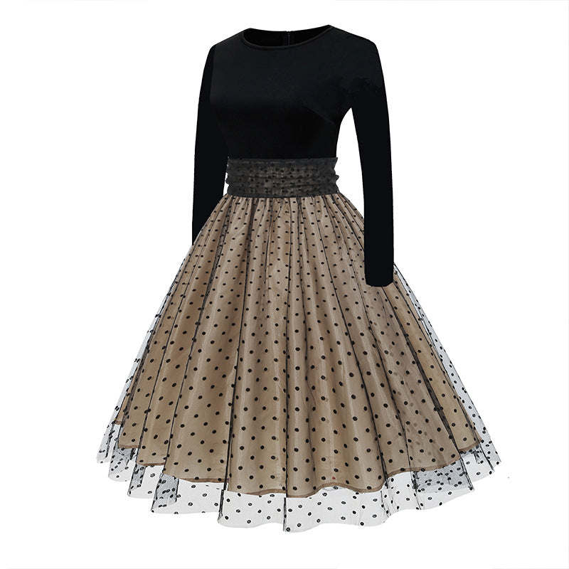 1950S Black and Beige Retro Polka Dot Long Sleeve Belted Vintage Dress