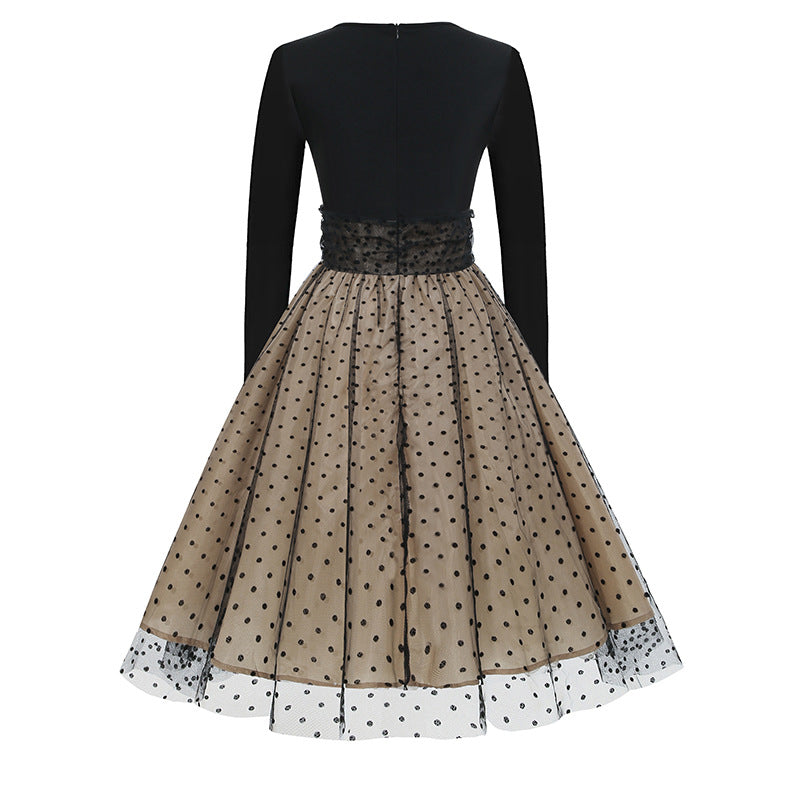 1950S Black and Beige Retro Polka Dot Long Sleeve Belted Vintage Dress