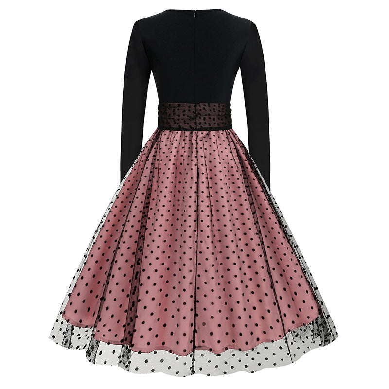 1950S Black and Beige Retro Polka Dot Long Sleeve Belted Vintage Dress
