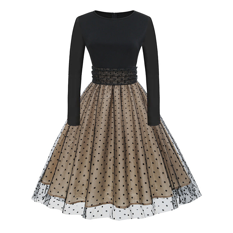 1950S Black and Beige Retro Polka Dot Long Sleeve Belted Vintage Dress