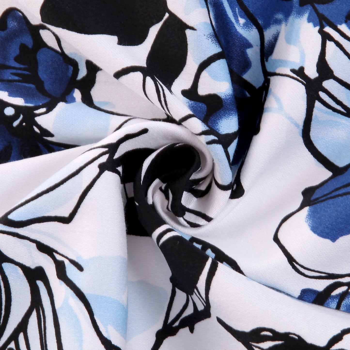 1950S Black and Blue Floral Print Patchwork Half Sleeve Vintage Dress