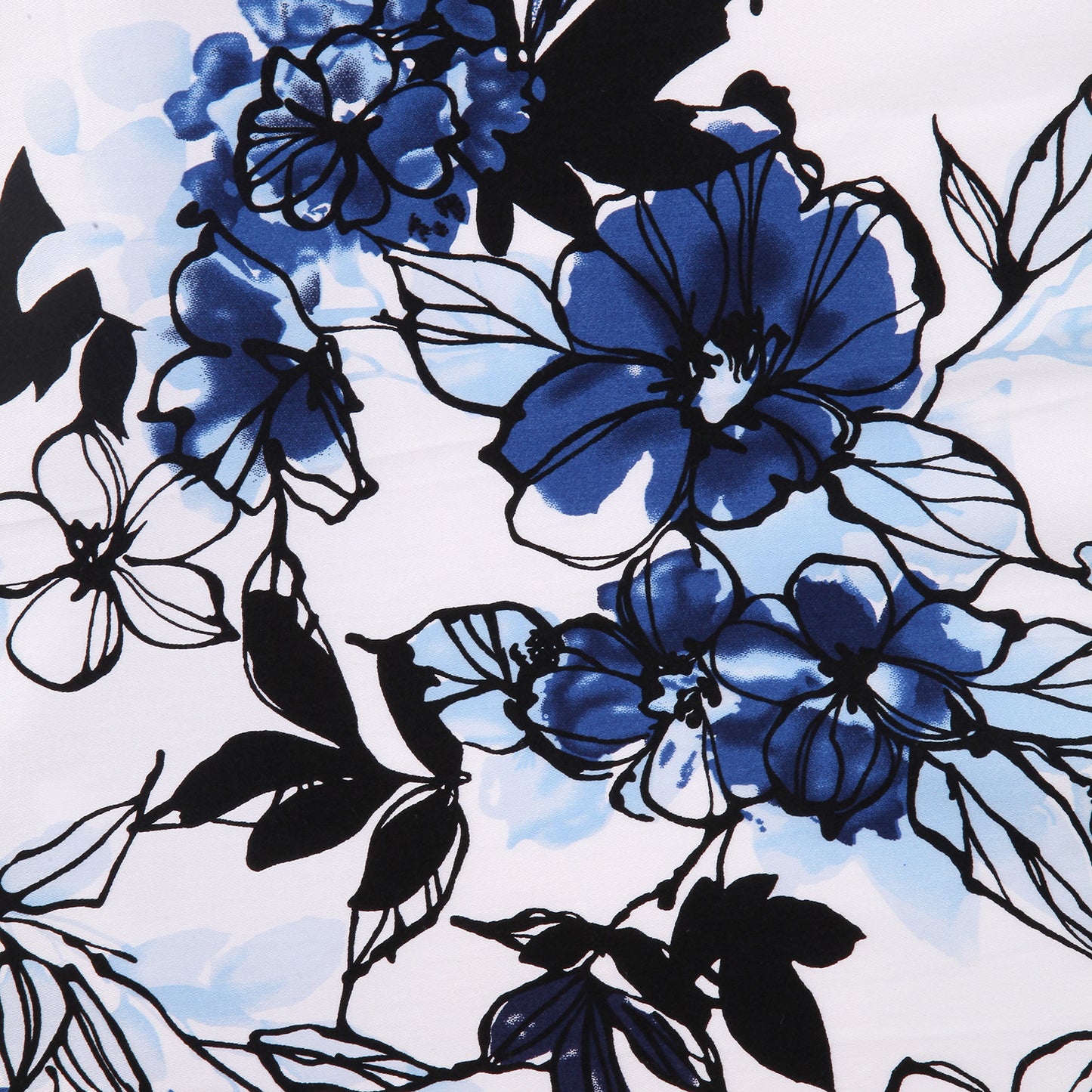 1950S Black and Blue Floral Print Patchwork Half Sleeve Vintage Dress
