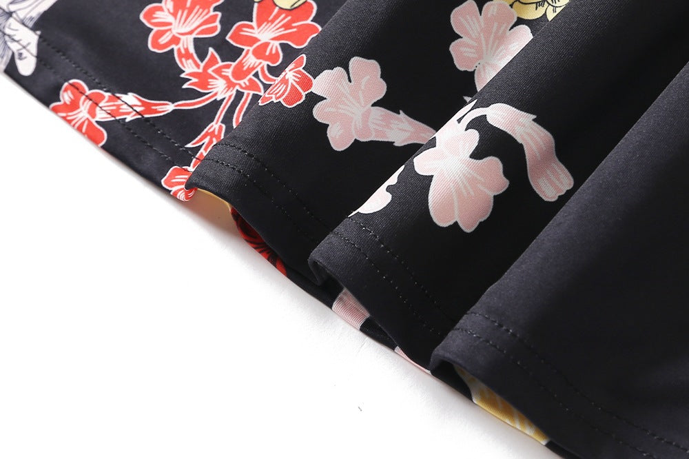 1950s Black Floral Print V-Neck Wrap Vintage Dress