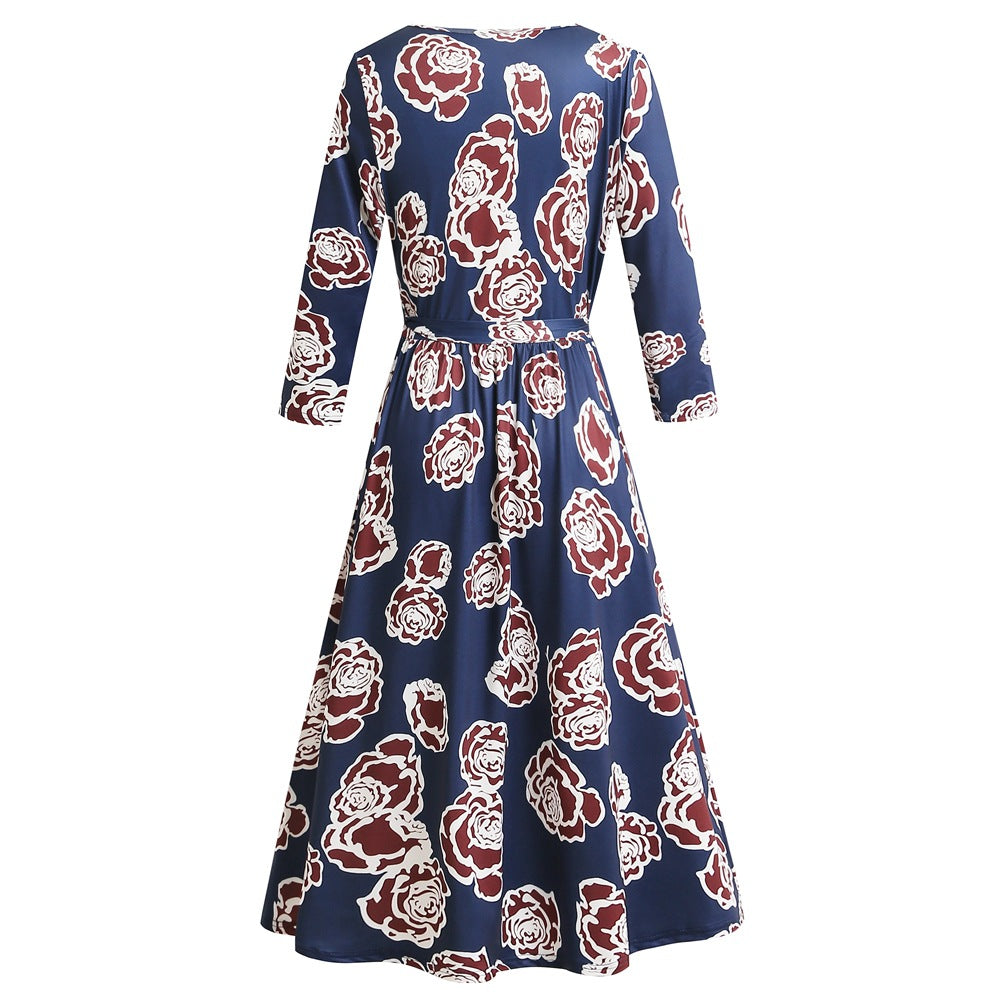 1950s Black Floral Print V-Neck Wrap Vintage Dress