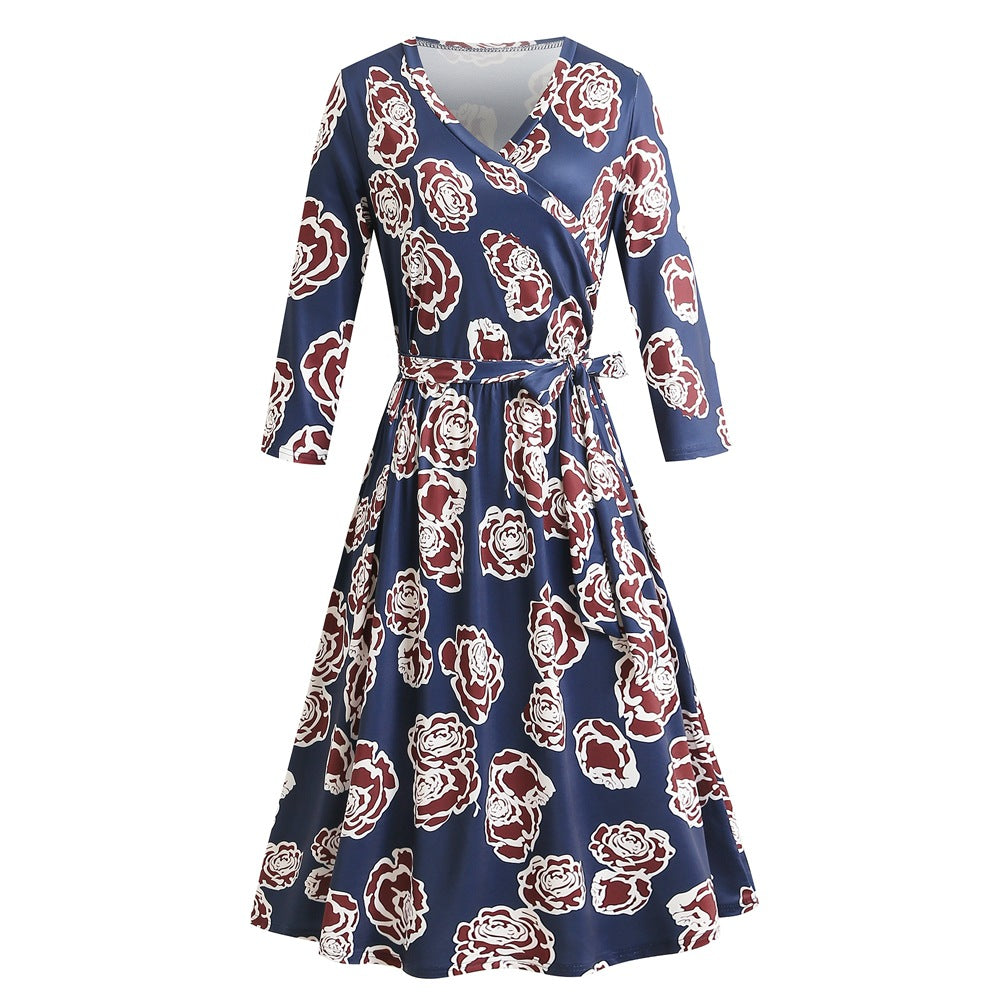 1950s Black Floral Print V-Neck Wrap Vintage Dress