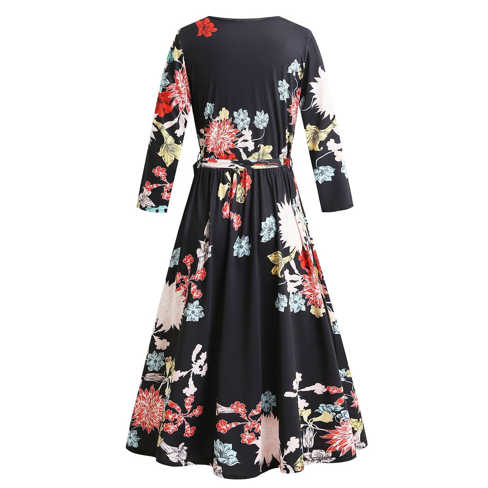 1950s Black Floral Print V-Neck Wrap Vintage Dress