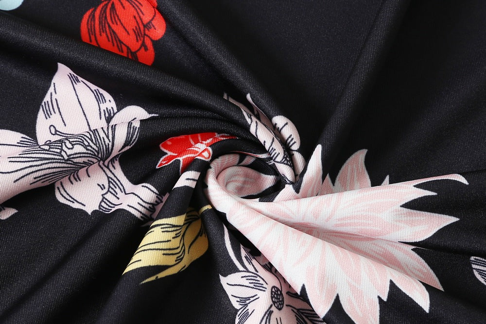 1950s Black Floral Print V-Neck Wrap Vintage Dress