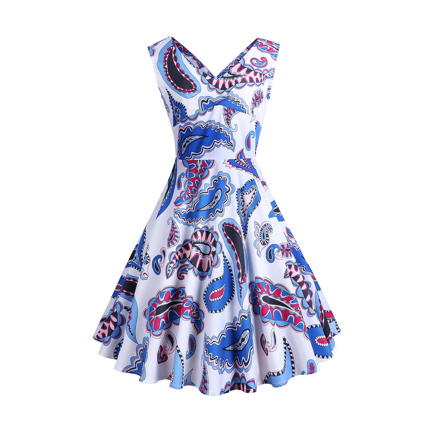 1950S Blue and Pink Paisley Print V-Neck Sleeveless Vintage Dress