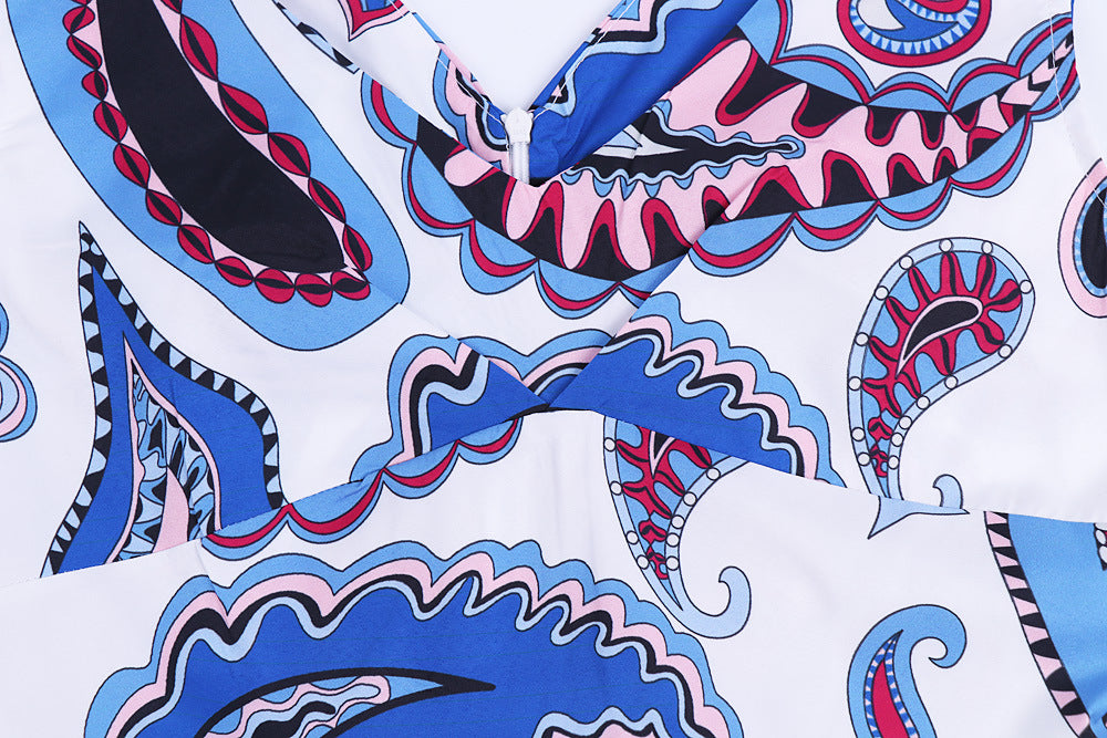 1950S Blue and Pink Paisley Print V-Neck Sleeveless Vintage Dress