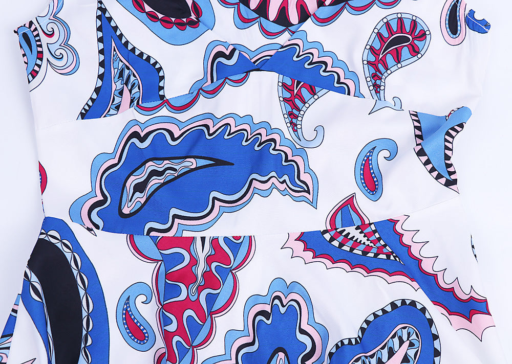 1950S Blue and Pink Paisley Print V-Neck Sleeveless Vintage Dress