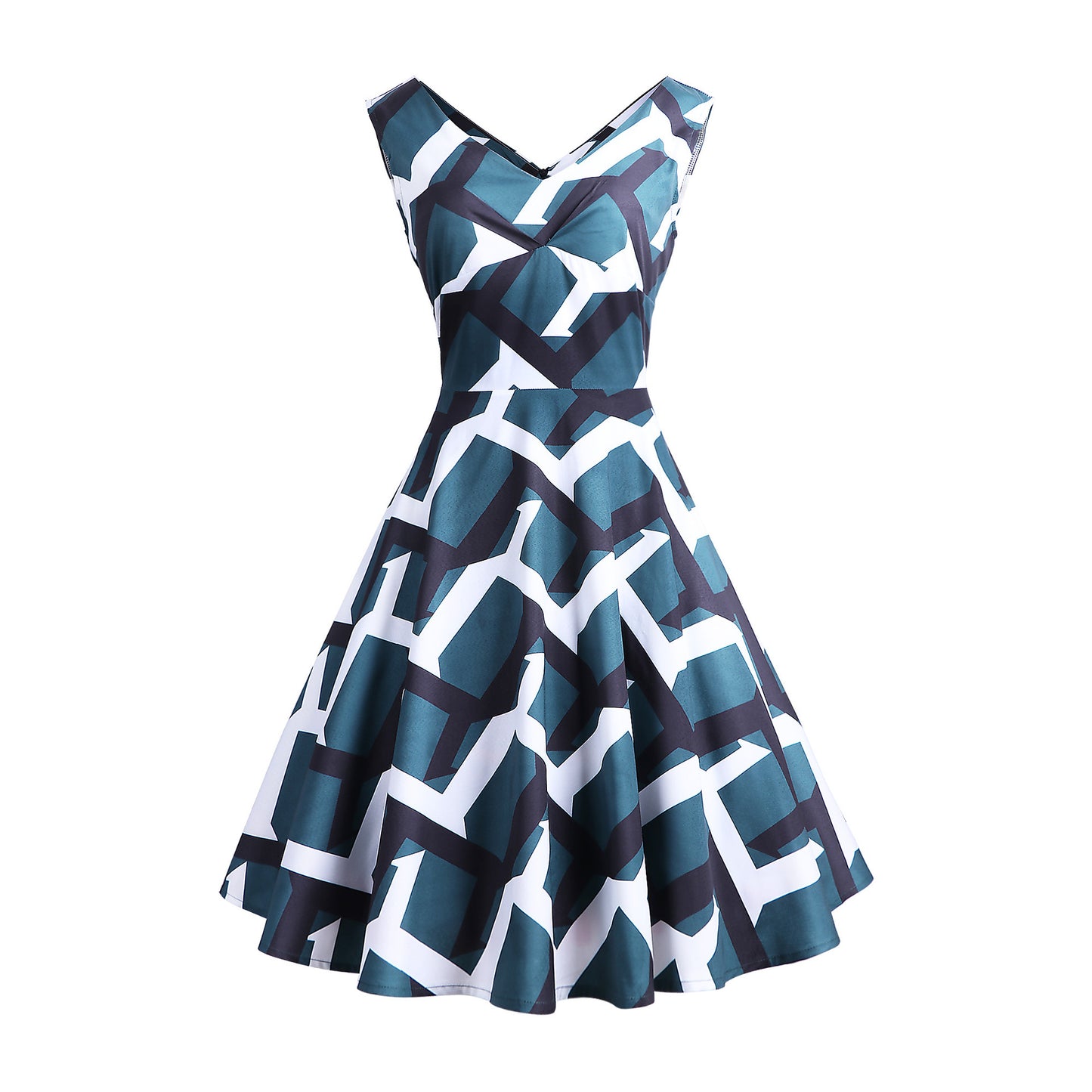1950S Blue and Pink Paisley Print V-Neck Sleeveless Vintage Dress