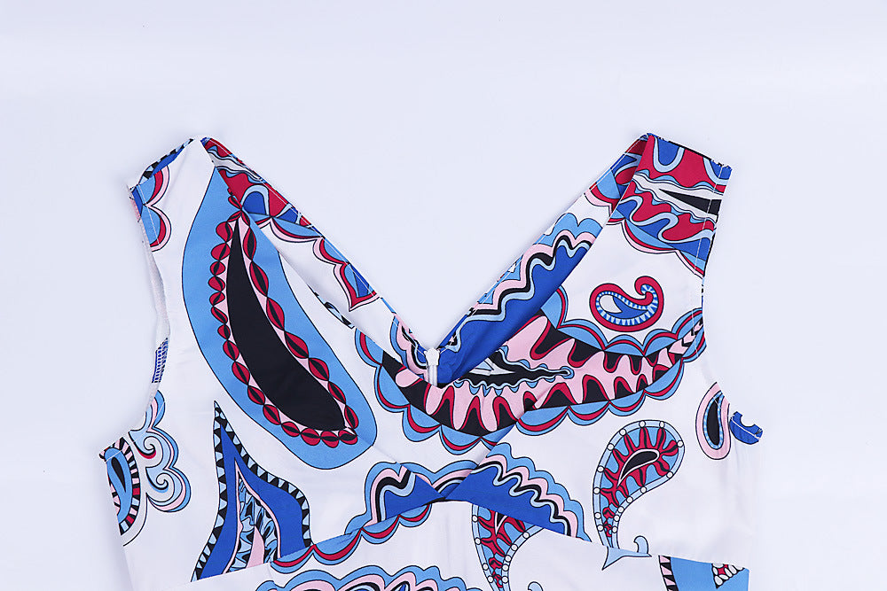 1950S Blue and Pink Paisley Print V-Neck Sleeveless Vintage Dress