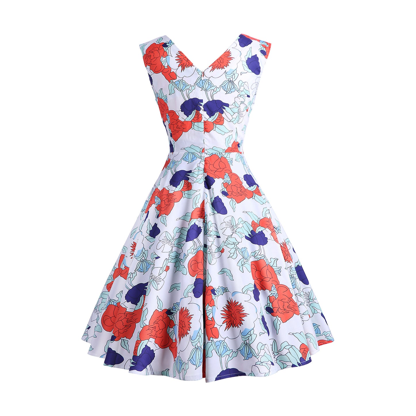 1950S Blue and Pink Paisley Print V-Neck Sleeveless Vintage Dress