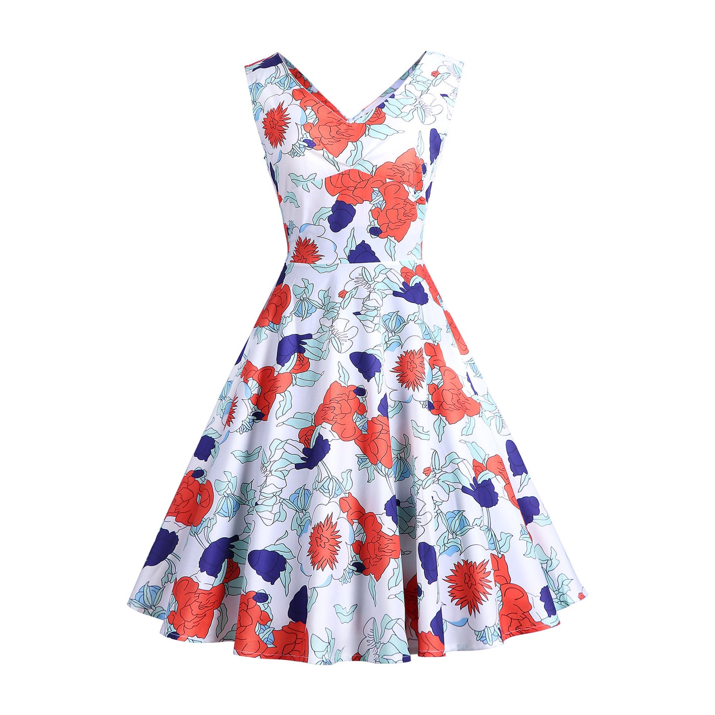 1950S Blue and Pink Paisley Print V-Neck Sleeveless Vintage Dress