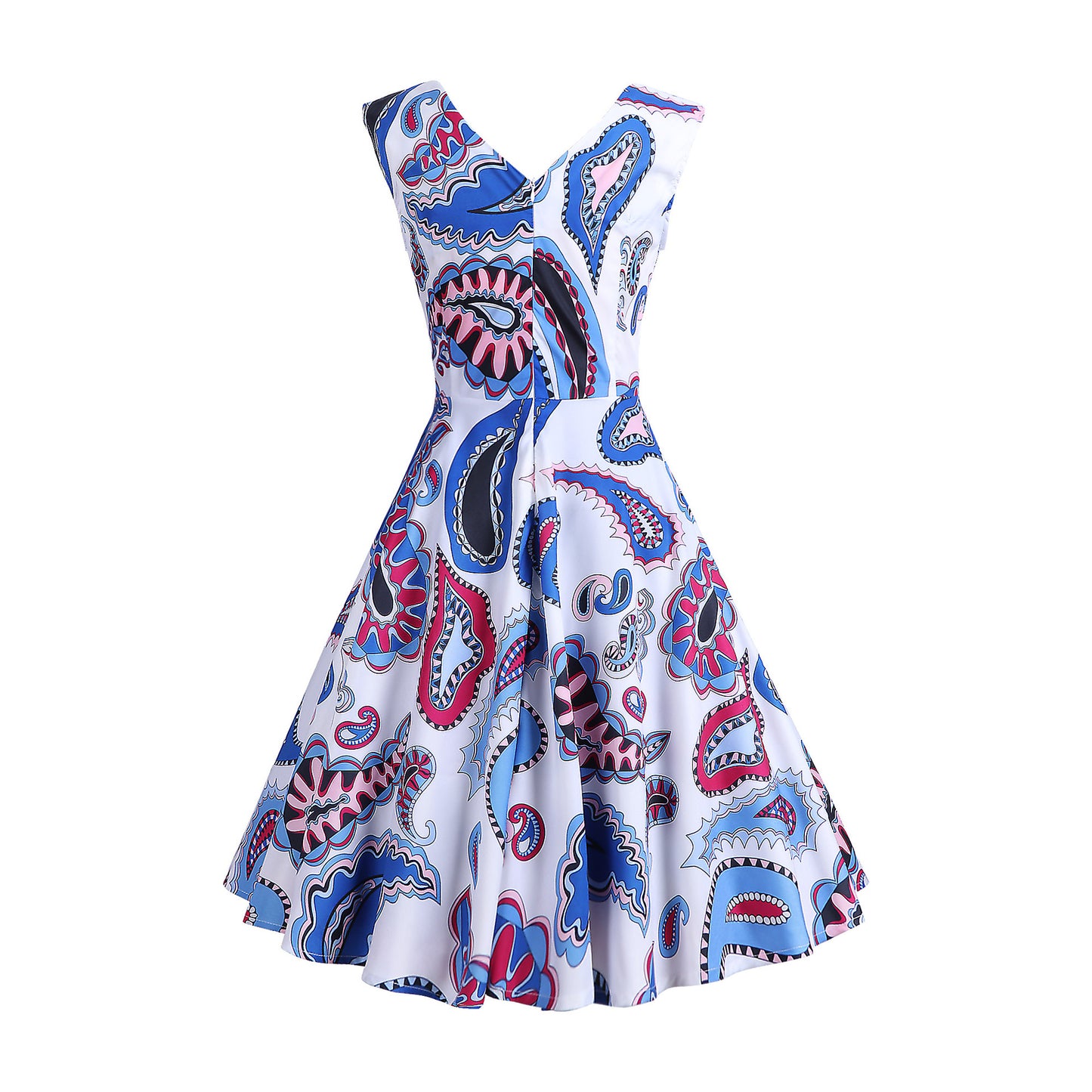 1950S Blue and Pink Paisley Print V-Neck Sleeveless Vintage Dress