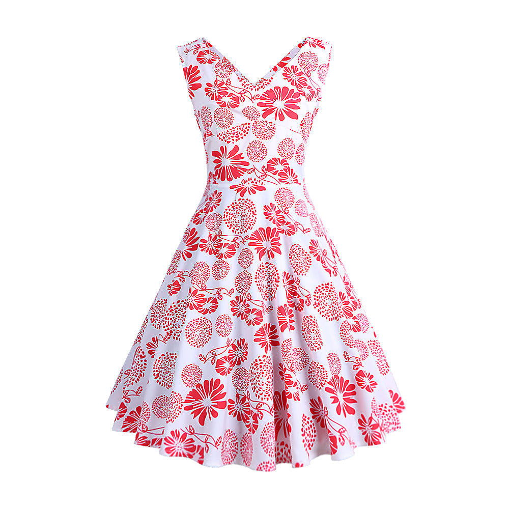 1950S Blue and Pink Paisley Print V-Neck Sleeveless Vintage Dress