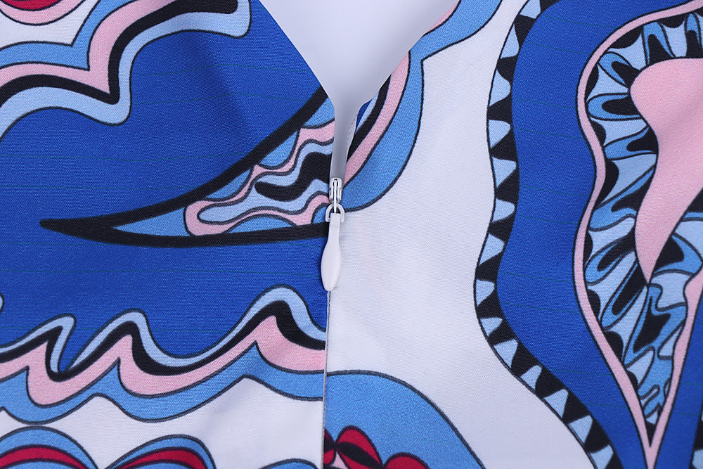 1950S Blue and Pink Paisley Print V-Neck Sleeveless Vintage Dress