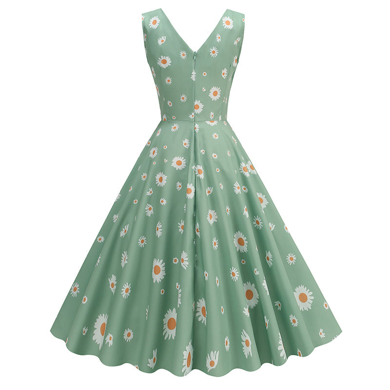 1950s Light Blue Floral Print Sleeveless Vintage Dress