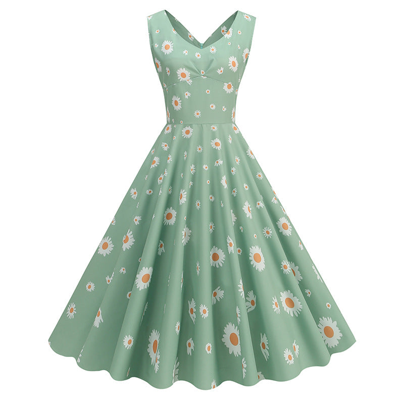 1950s Light Blue Floral Print Sleeveless Vintage Dress