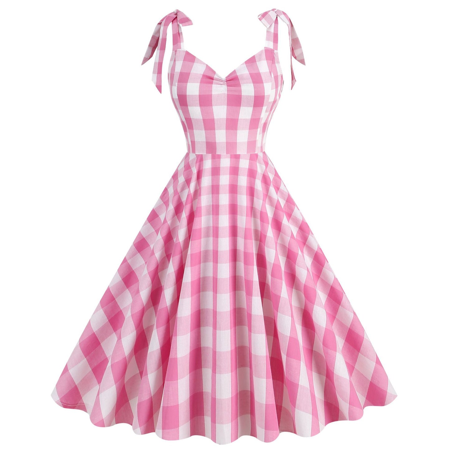 1950S Pink Plaid Retro Bow Detail Sleeveless Vintage Dress