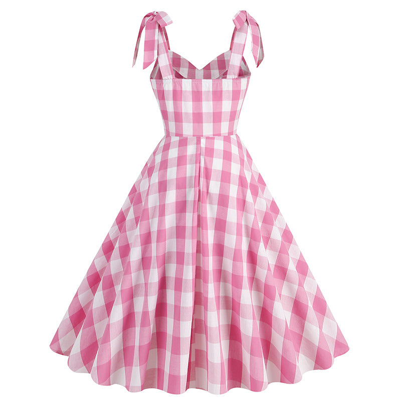 1950S Pink Plaid Retro Bow Detail Sleeveless Vintage Dress