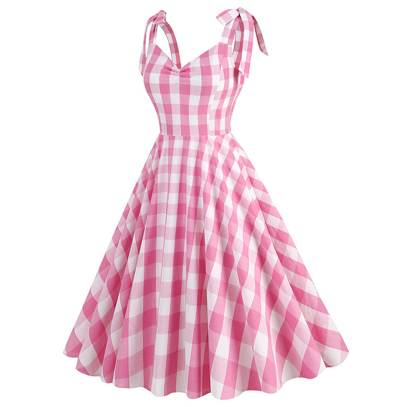 1950S Pink Plaid Retro Bow Detail Sleeveless Vintage Dress