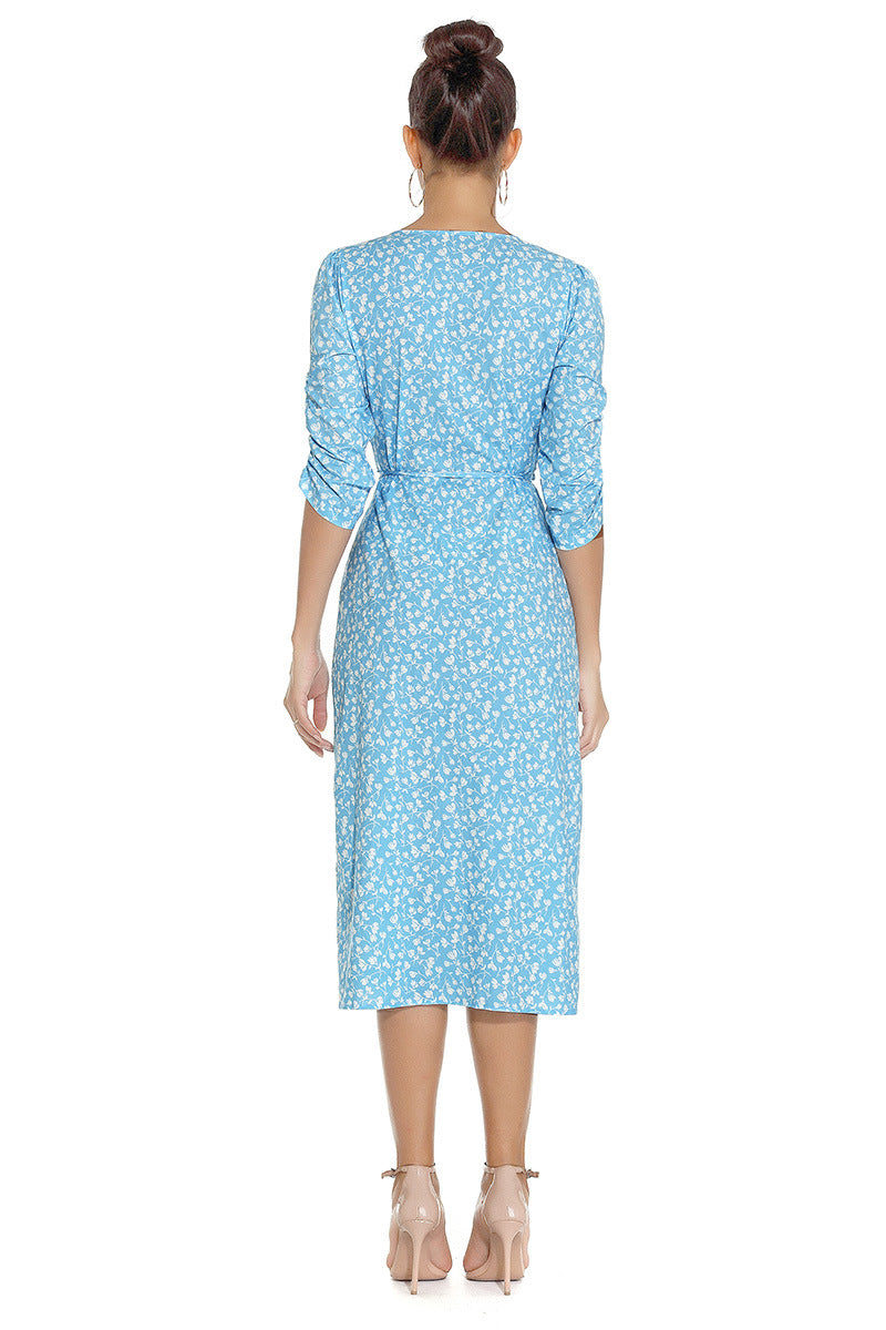1950s Red Floral Print V-Neck Wrap Midi Dress with 3/4 Sleeves and Front Slit