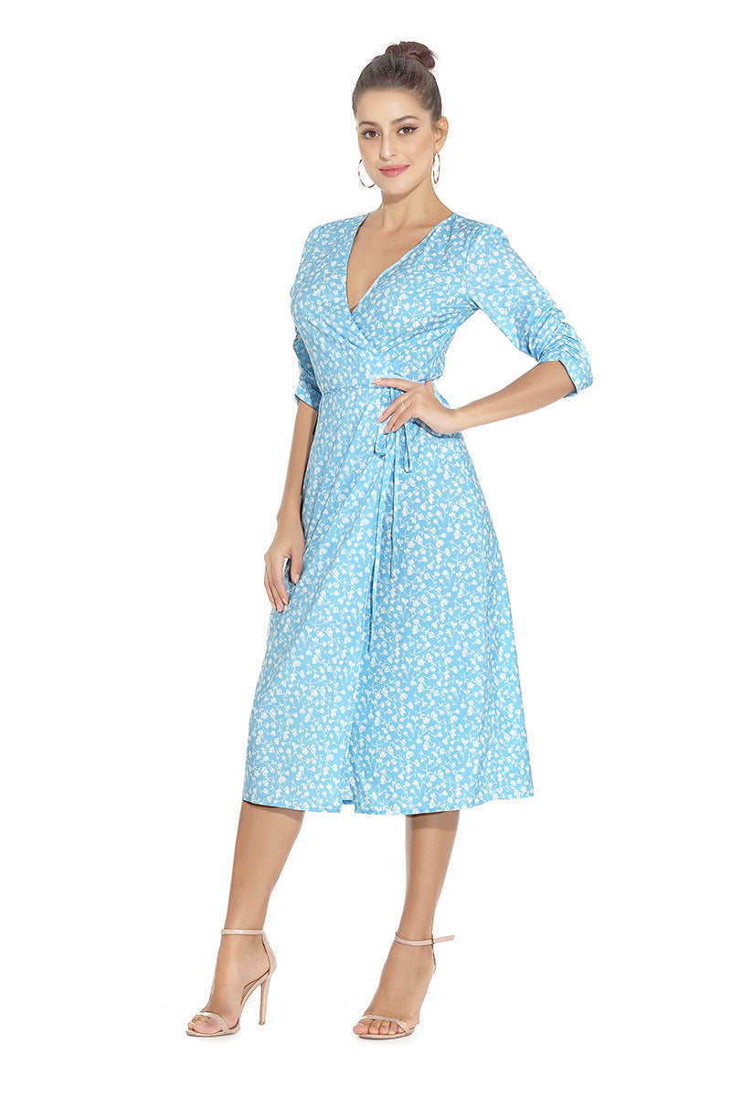 1950s Red Floral Print V-Neck Wrap Midi Dress with 3/4 Sleeves and Front Slit