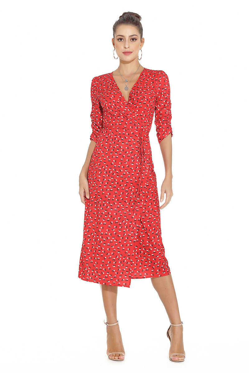 1950s Red Floral Print V-Neck Wrap Midi Dress with 3/4 Sleeves and Front Slit