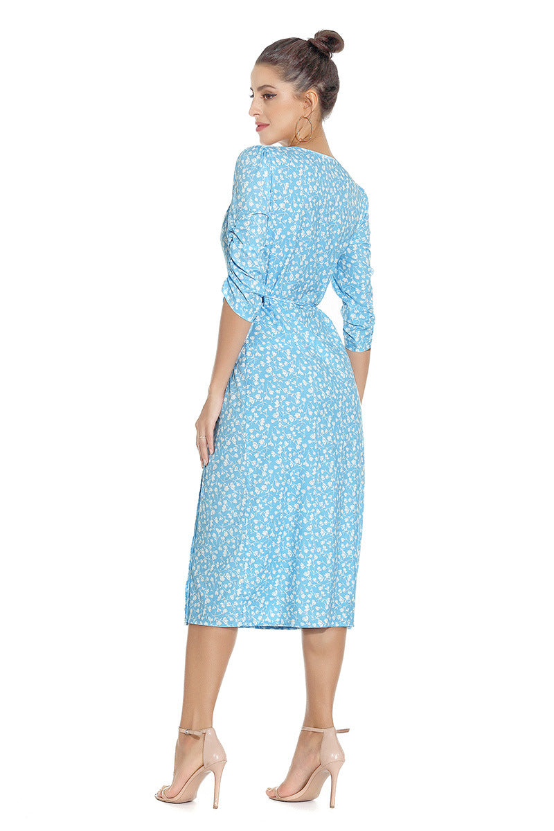 1950s Red Floral Print V-Neck Wrap Midi Dress with 3/4 Sleeves and Front Slit
