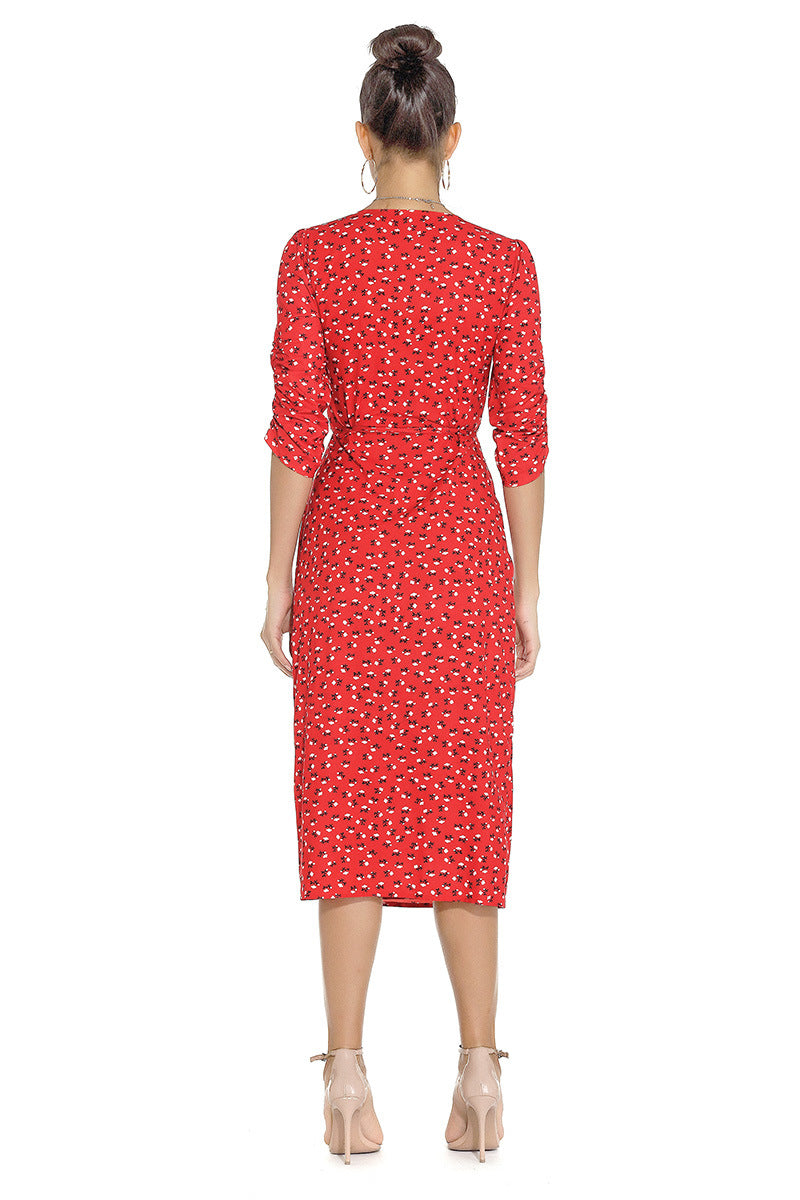1950s Red Floral Print V-Neck Wrap Midi Dress with 3/4 Sleeves and Front Slit