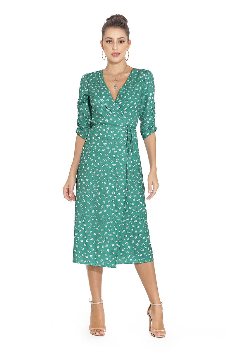 1950s Red Floral Print V-Neck Wrap Midi Dress with 3/4 Sleeves and Front Slit
