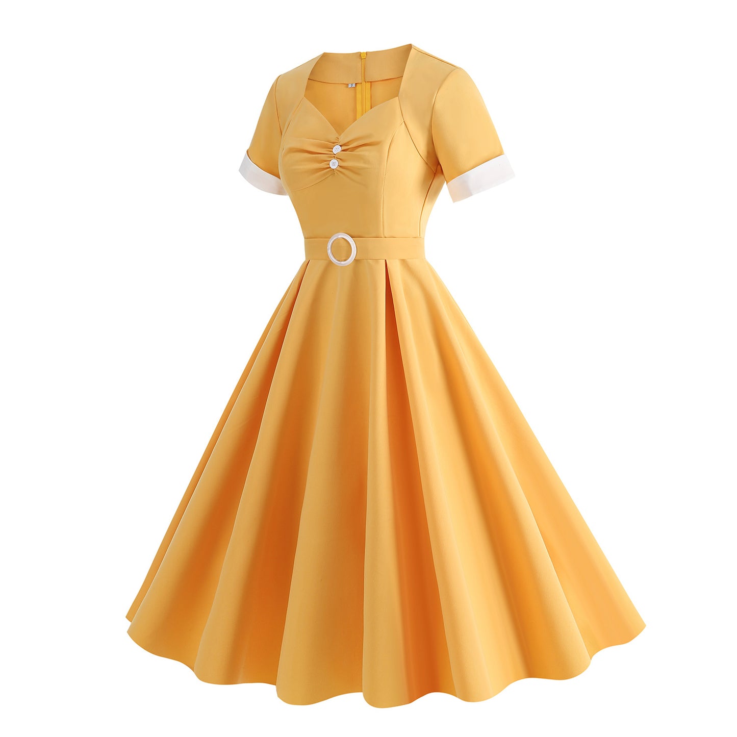 1950S Yellow Bowknot Belted Short Sleeve Vintage Dress