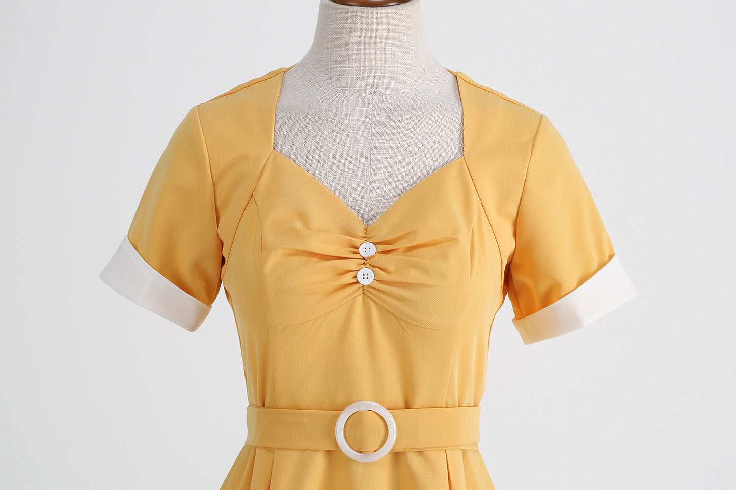 1950S Yellow Bowknot Belted Short Sleeve Vintage Dress