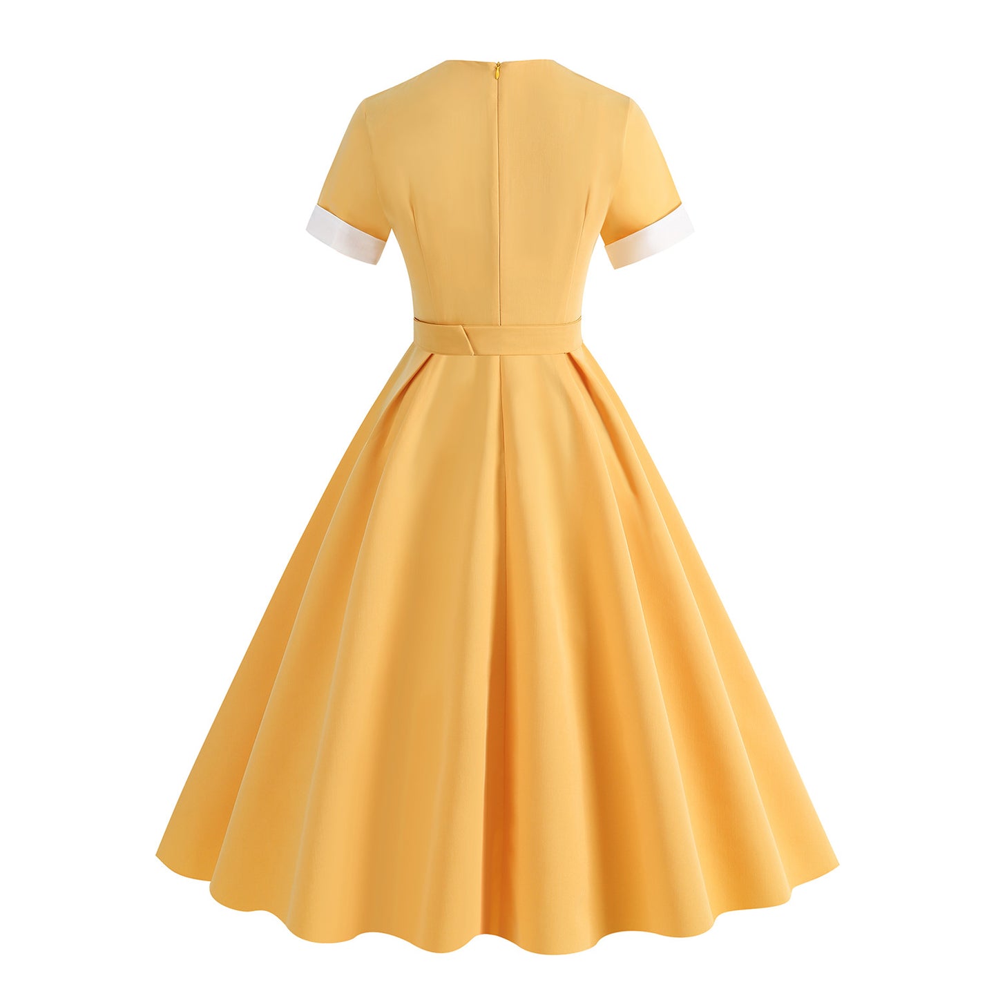 1950S Yellow Bowknot Belted Short Sleeve Vintage Dress