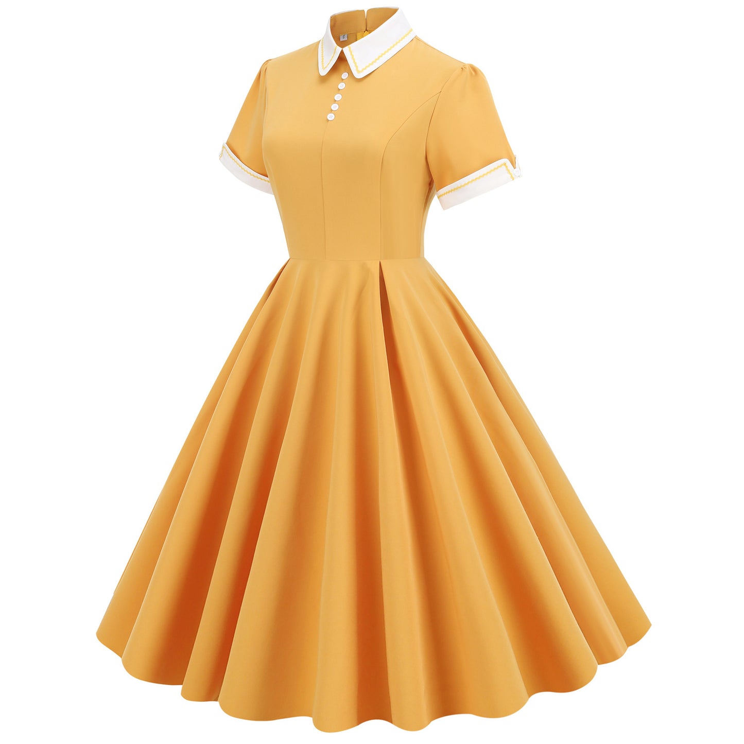 1950S Yellow Retro Patchwork Belted Short Sleeve Vintage Dress