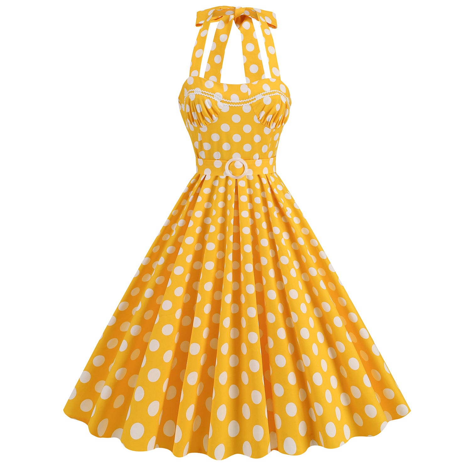 1950S Yellow Retro Polka Dot Halter Belted Vintage Dress RosyQueen 1950S Yellow Retro Polka Dot Halter Belted Vintage Dress RosyQueen