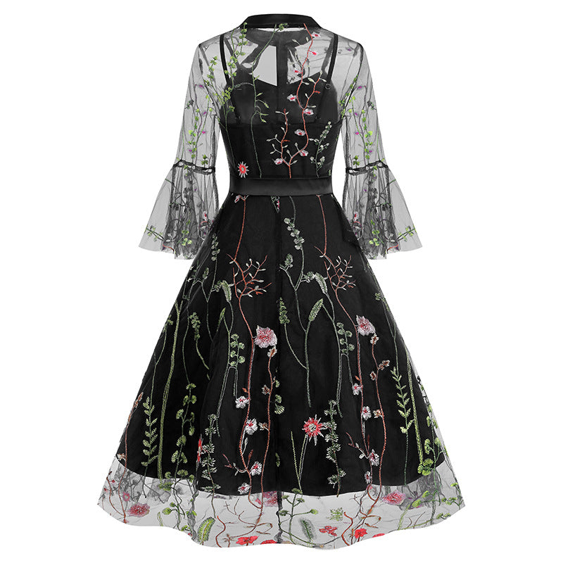 1950S Black A-Line Bow-Tie Neckline Embroidery Sheer Bell Sleeves Vintage Dress with Blue Floral
