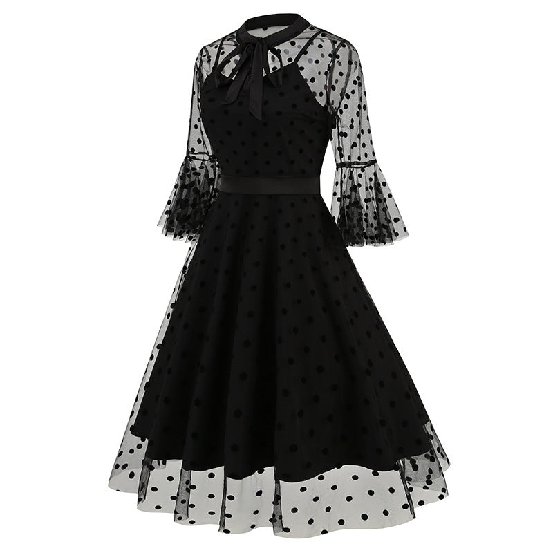 1950S Black A-Line Bow-Tie Neckline Embroidery Sheer Bell Sleeves Vintage Dress with Blue Floral