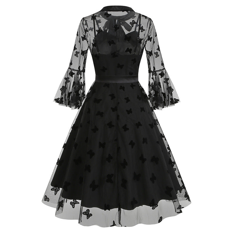 1950S Black A-Line Bow-Tie Neckline Embroidery Sheer Bell Sleeves Vintage Dress with Blue Floral