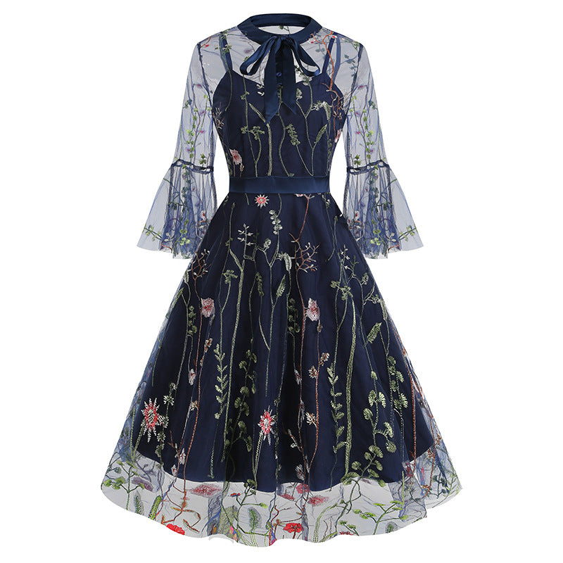1950S Black A-Line Bow-Tie Neckline Embroidery Sheer Bell Sleeves Vintage Dress with Blue Floral