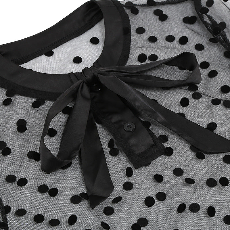 1950S Black A-Line Bow-Tie Neckline Embroidery Sheer Bell Sleeves Vintage Dress with Blue Floral
