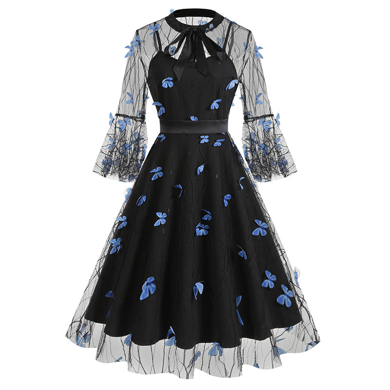 1950S Black A-Line Bow-Tie Neckline Embroidery Sheer Bell Sleeves Vintage Dress with Blue Floral