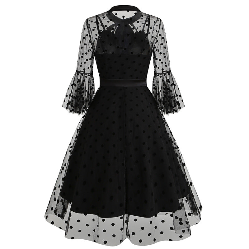 1950S Black A-Line Bow-Tie Neckline Embroidery Sheer Bell Sleeves Vintage Dress with Blue Floral