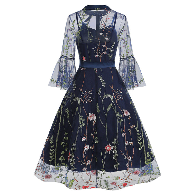1950S Black A-Line Bow-Tie Neckline Embroidery Sheer Bell Sleeves Vintage Dress with Blue Floral