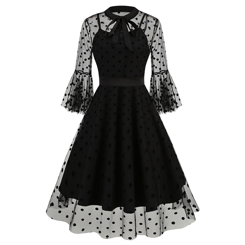 1950S Black A-Line Bow-Tie Neckline Embroidery Sheer Bell Sleeves Vintage Dress with Blue Floral