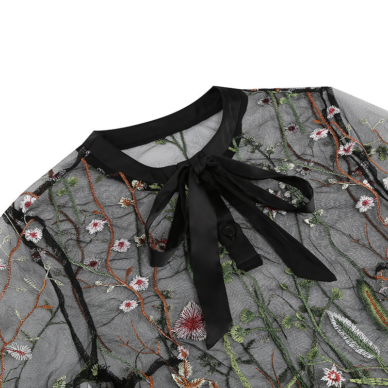 1950S Black A-Line Bow-Tie Neckline Embroidery Sheer Bell Sleeves Vintage Dress with Blue Floral