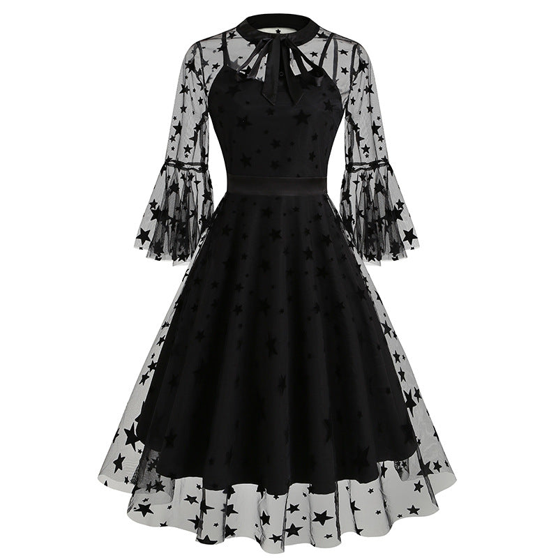 1950S Black A-Line Bow-Tie Neckline Embroidery Sheer Bell Sleeves Vintage Dress with Blue Floral